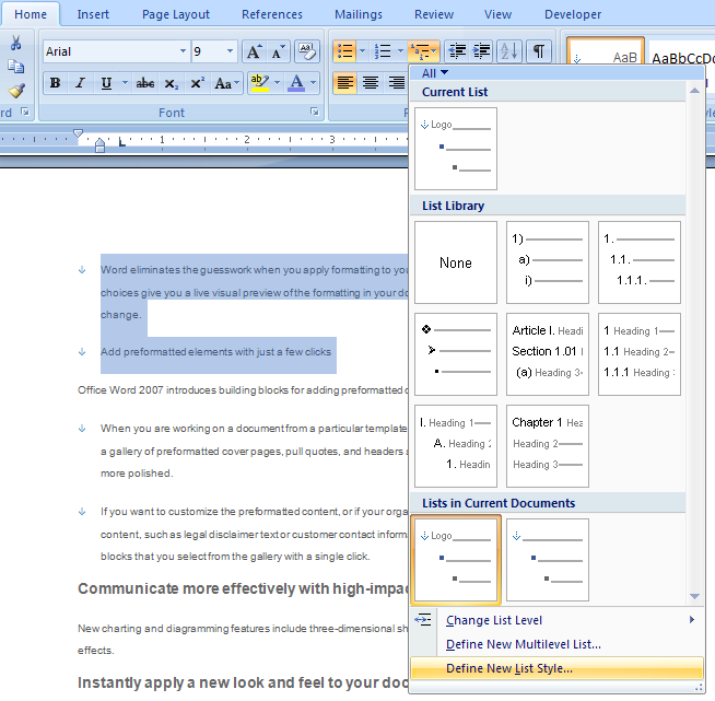 Defining a new list style : List « Style Formatting « Microsoft Office