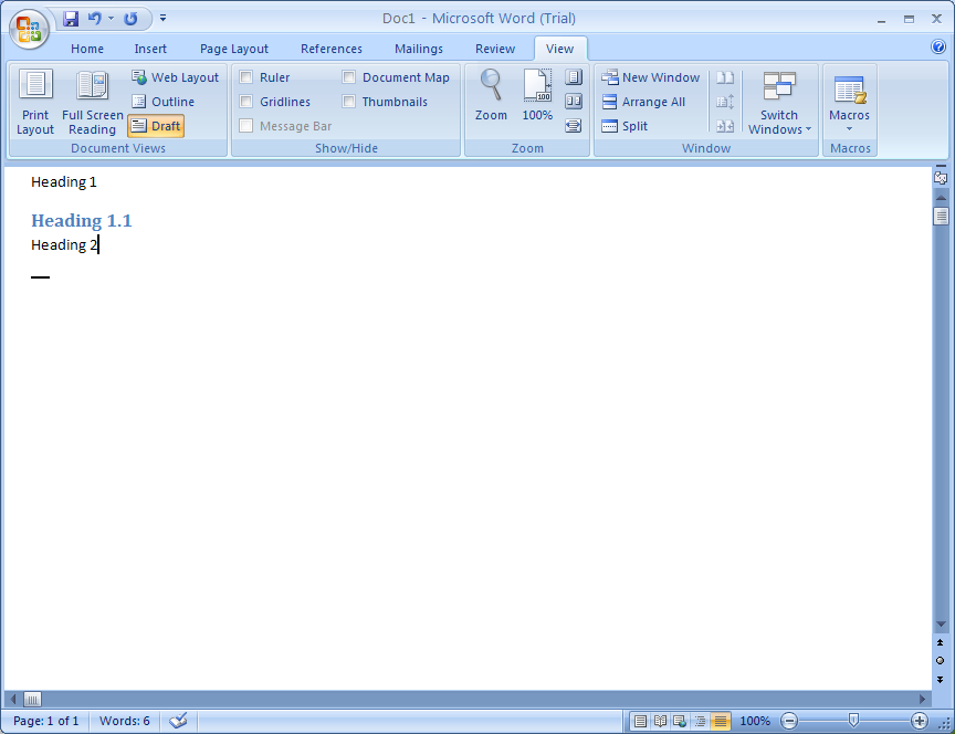 Draft View Displays The Document As A Single Long Piece Of Paper Document View Editing Microsoft Office Word 2007 Tutorial