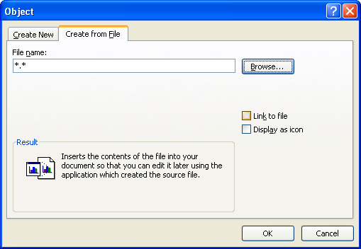 To create a link to the object, select the Link to file check box.