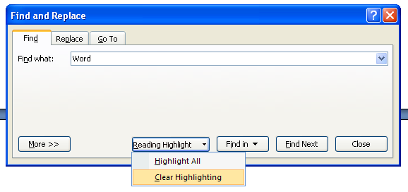 To clear highlighting, click Reading Highlight again and then click Clear Highlighting to remove all highlighting created with this command.