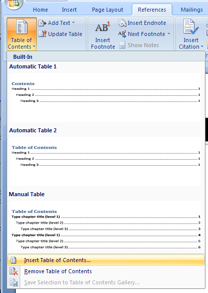 Click Insert Table of Contents to see the dialog box