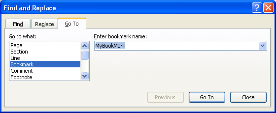 On the Go To tab, click Bookmark.