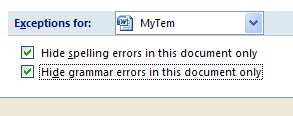 Then select the check boxes to hide spelling or grammar error for this document only