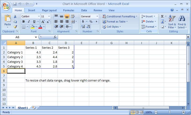 To create a chart, change the sample data in the Excel worksheet.