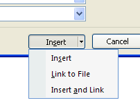 To link a picture file, click the Insert button arrow, and then click 'Link to File'.
