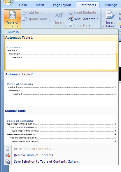 And select Automatic Table 1, Automatic Table 2, or Insert Table of Contents