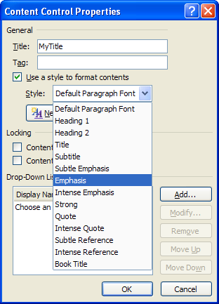 Select the Use a different style for text in this control check box, and select Emphasis from the Style drop-down list.