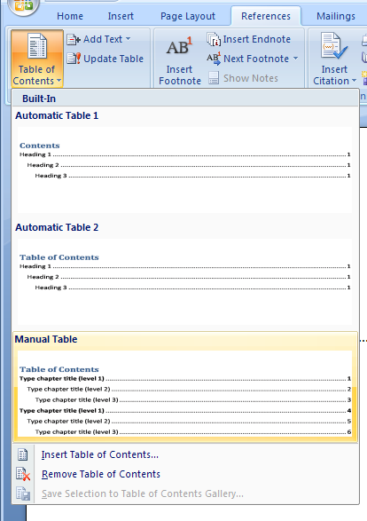 Inserting a manual table of contents 