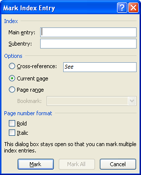 The Mark Index Entry dialog box appears