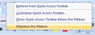 Then click Minimize the Ribbon.