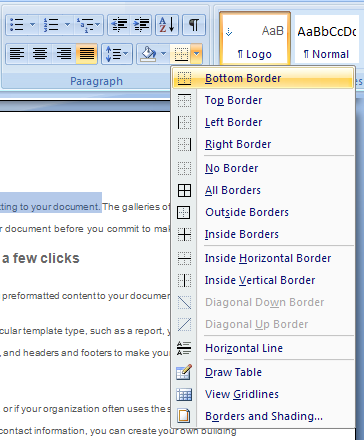 Border: Click to create a border of currently selected border style for the current paragraph: Click again to turn off border style.