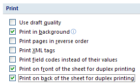 Select the Print on front of the sheet for duplex printing and the Print on back of the sheet for duplex printing.