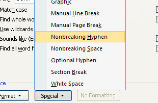 Then click 'Nonbreaking Hyphen' to remove nonbreaking hyphens