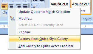 Then click Remove from Quick Styles gallery
