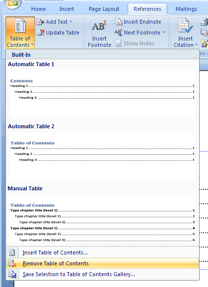 Then click Remove Table of Contents.