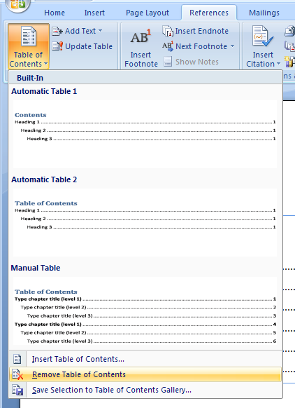 Removing a table of contents 