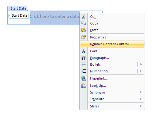 Click Remove Content Control.