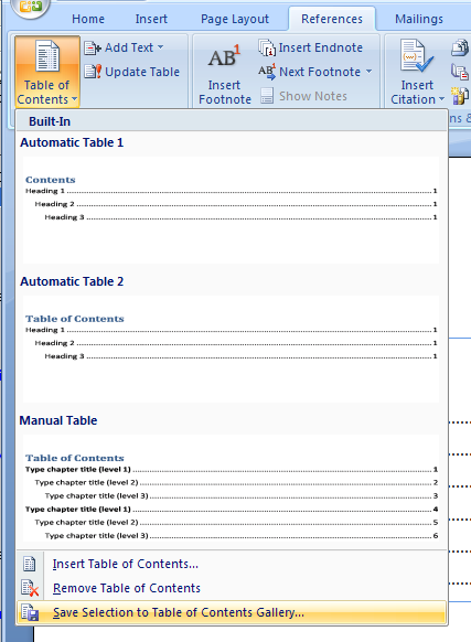 Then click Table of Contents > Save Selection to Table of Contents Gallery