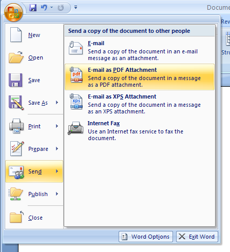 Then click E-mail as PDF Attachment, or E-mail as XPS Attachment.