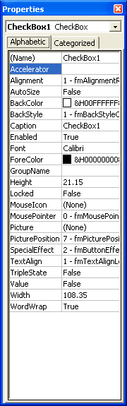 Click the Alphabetic or Categorized tab to display the control properties.