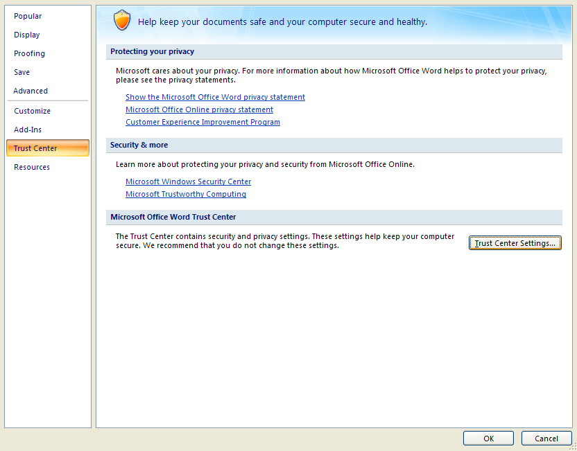 Click Trust Center Settings.