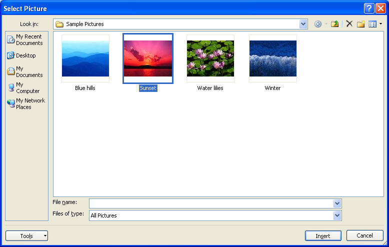Then click File, Clipboard, or Clip Art to select a picture