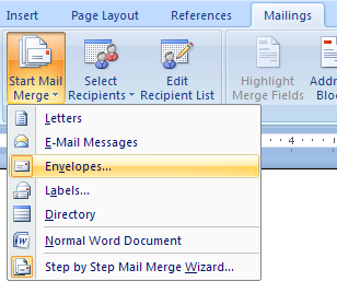 Click the Mailings tab. Then click the Start Mail Merge button. Then click Envelopes.