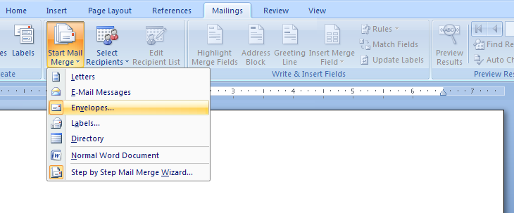 Click the Mailings tab. Then click the Start Mail Merge button. Then select a document type (Letters, E-Mail Messages, etc.)