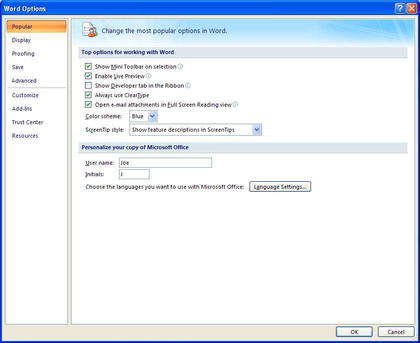 Set User Information For Comments And Track Changes With Word Options Comments Review Collaboration Microsoft Office Word 2007 Tutorial