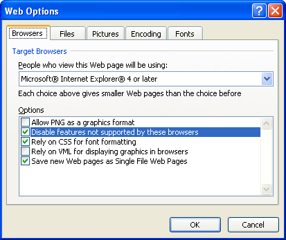 The Browsers tab holds the settings that affect how reliably your Web page's appearance reproduces in a given browser.