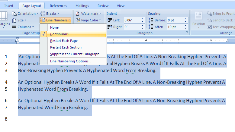 Show Or Hide Line Numbers To Only Selected Text Caption Documentation Microsoft Office Word 2007 Tutorial