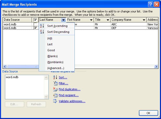 Sort And Filter Records Data Source Mail Merge Microsoft
