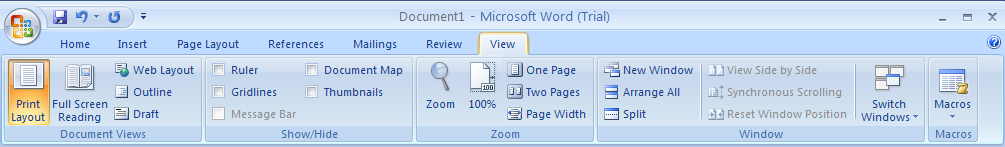 View: Changing document views; showing/hiding ruler, gridlines,...; zooming to one page, two pages, or page width; arranging and working with windows