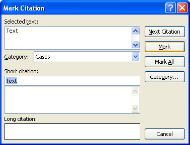 Click Mark to mark the citation for inclusion in the table of authorities