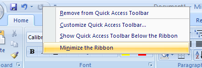Then click Minimize the Ribbon.