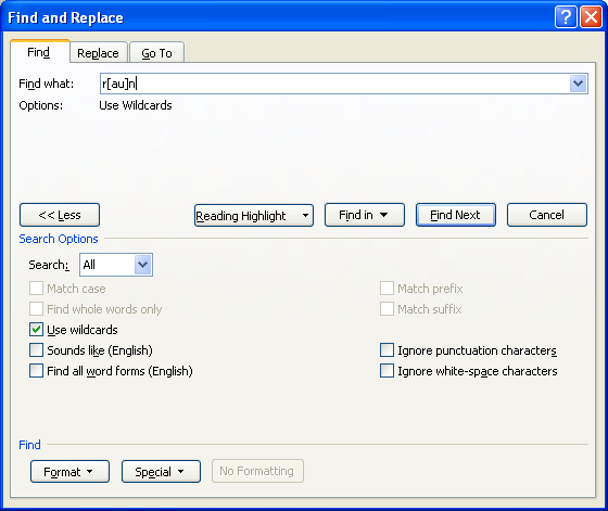 Type r[au]n in the Find what text box.