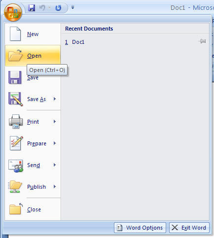 The Microsoft Office button in the upper left corner (the Microsoft Office logo) replaces the File menu.