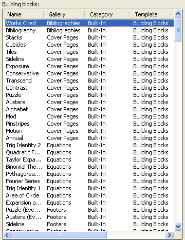 Select the Quick Part building block.