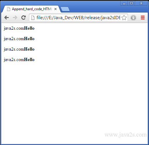 Append hard code HTML tags to a paragraph in jQuery