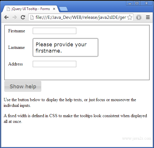 Build jQuery UI Tooltip - Forms in JavaScript